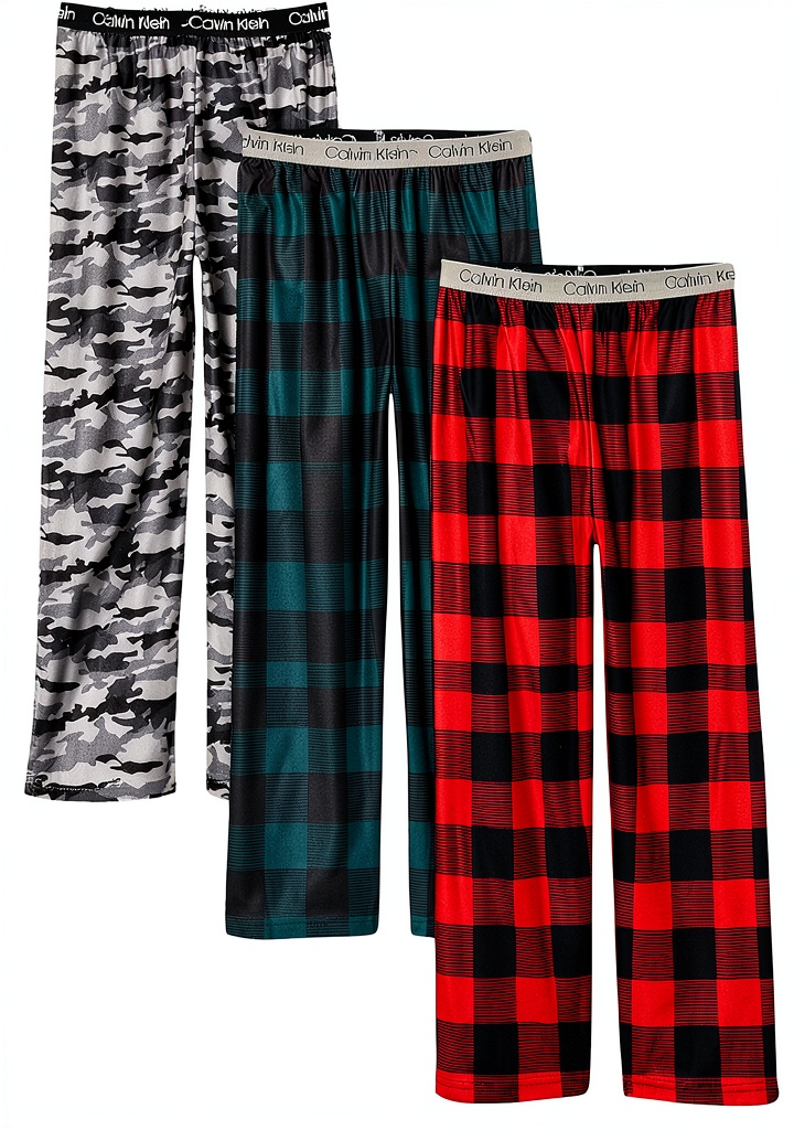 Calvin Klein boys pajama pants in Grey Camo color on a bed