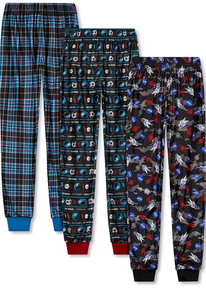 Boys wearing pajama pants in assorted prints and colors