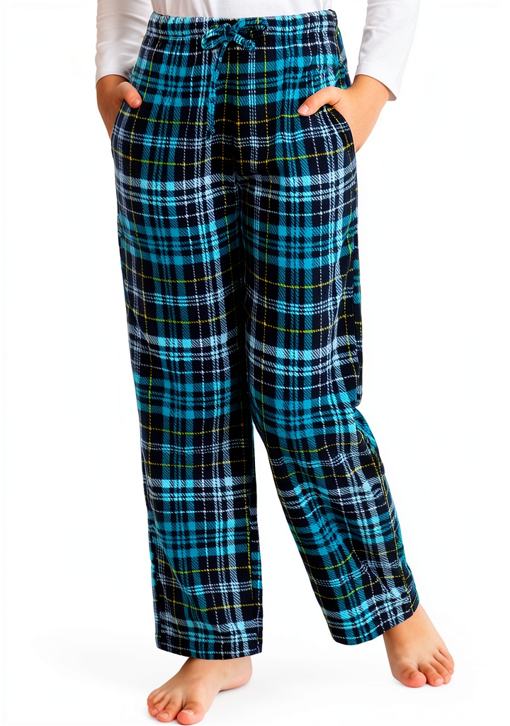 Boys wearing blue-green plaid microfleece pajama pants in a cozy bedroom setting